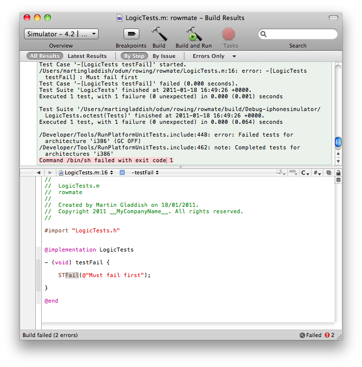 XCode Build Results window showing expanded failure message